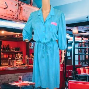 Blue Retro Dress 80s does 50s Sheer Striped M L
